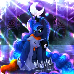 Size: 2400x2400 | Tagged: safe, artist:darksly, derpibooru import, princess luna, oc, oc:star crest, alicorn, pony, unicorn, g4, blushing, duo, duo male and female, female, floppy ears, high res, horn, hug, image, indoors, jpeg, laughing, looking at someone, male, mare, moon, signature, sitting, size difference, smiling, stallion, stars, straight, winghug, wings