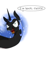 Size: 523x717 | Tagged: safe, artist:gorillaz-24, derpibooru import, nightmare moon, alicorn, pony, g4, drawthread, female, i'm back, image, mare, png, simple background, solo, speech bubble, talking, transparent background, vulgar