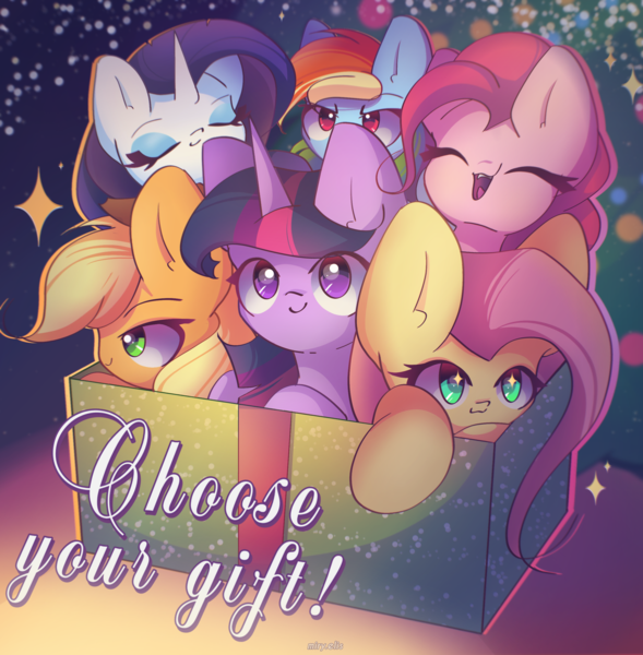 Size: 2650x2700 | Tagged: safe, artist:miryelis, derpibooru import, applejack, fluttershy, pinkie pie, rainbow dash, rarity, twilight sparkle, twilight sparkle (alicorn), alicorn, earth pony, pegasus, pony, unicorn, g4, box, christmas, christmas lights, christmas tree, cute, holiday, horn, image, mane six, png, present, smiling, text, tree