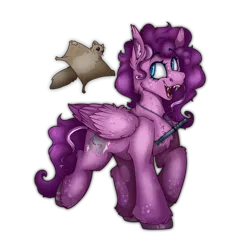 Size: 2300x2300 | Tagged: safe, artist:molars, derpibooru import, oc, oc:starsong, unofficial characters only, bat pony, flying squirrel, squirrel, bat eyes, batpony teeth, chest fluff, commission, curly mane, ear fluff, fluffy, folded wings, image, musical instrument, part batpony, pegasus wings, pet, png, sharp teeth, teeth, trotting, unshorn fetlocks, wings