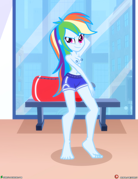 Size: 3090x4000 | Tagged: questionable, artist:dieart77, derpibooru import, rainbow dash, equestria girls, g4, aerobics, areola, arm behind head, belly button, breasts, casual nudity, clothes, deviantart, drop shadow, female, gym bag, gym clothes, hand on leg, image, indoors, jpeg, nipples, nudity, partial nudity, patreon, shorts, signature, smiling, smirk, solo, solo female, standing, topless, window, workout