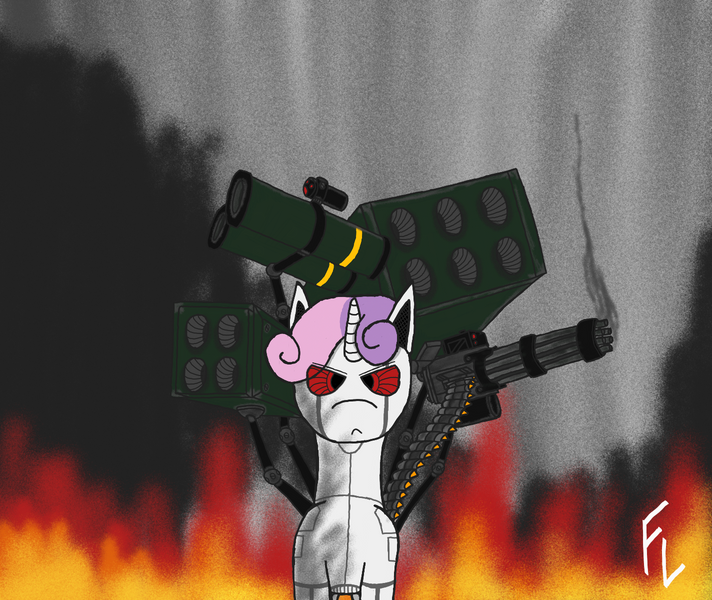 Size: 1424x1200 | Tagged: questionable, artist:feraline(r), derpibooru import, sweetie belle, pony, robot, unicorn, fire, gun, horn, image, minigun, png, rocket launcher, sweetie bot, weapon