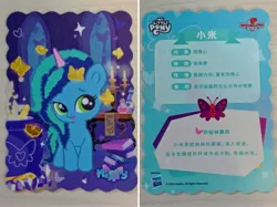 Size: 4590x3442 | Tagged: safe, derpibooru import, official, butterfly, insect, g5, book, card, chibi, chinese text, cutie mark, dinosaw, front view, image, indoors, irl, jpeg, merchandise, misty brightdawn, moon runes, opaline's dark castle, photo, solo, text, window