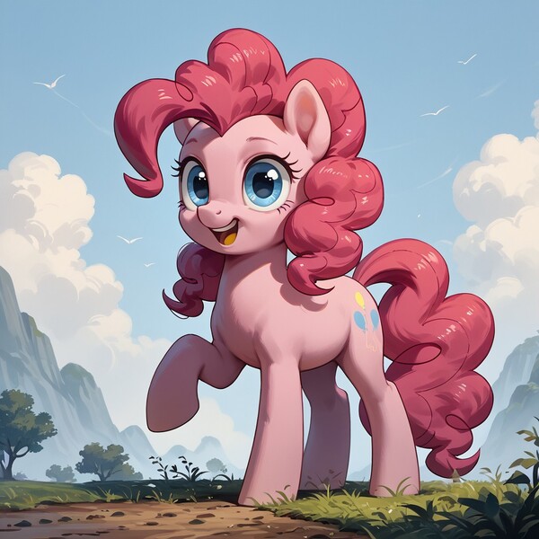 Size: 1024x1024 | Tagged: safe, ai content, generator:civitai, generator:prefect pony xl, machine learning generated, prompter:iwtcipp, stable diffusion, pinkie pie, bird, earth pony, pony, g4, cloud, day, detailed background, double mane, female, grass, image, jpeg, looking at you, mare, mountain, open mouth, open smile, outdoors, raised hoof, sky, smiling, smiling at you, solo, standing, tree