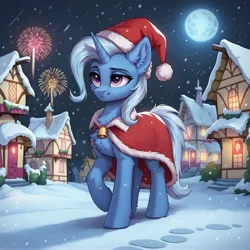 Size: 4608x4608 | Tagged: safe, ai content, machine learning generated, prompter:thelight3d, stable diffusion, trixie, pony, unicorn, g4, bell, chest fluff, christmas, clothes, costume, ear fluff, female, fireworks, fluffy, full moon, hat, holiday, horn, image, jpeg, mare, moon, night, outdoors, ponyville, santa costume, santa hat, snow, snowfall, solo, tail, winter