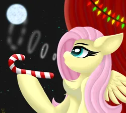 Size: 2000x1800 | Tagged: safe, artist:twinky, derpibooru import, fluttershy, pegasus, pony, g4, candy, candy cane, chest fluff, female, food, full moon, garland, image, mare, moon, night, night sky, png, sky, wings