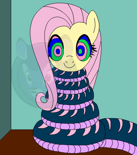 Size: 1200x1359 | Tagged: safe, artist:dewottreborn, artist:genesis-wolf-leon, fluttershy, pegasus, pony, snake, coils, cute, cute smile, female, hypnoshy, hypnosis, hypnotized, image, kaa eyes, mare, png, shyabetes, smiling, solo, wrapped snugly, wrapped up