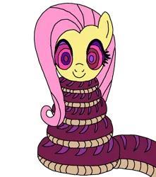 Size: 1200x1359 | Tagged: safe, artist:dewottreborn, artist:genesis-wolf-leon, fluttershy, pegasus, pony, snake, coils, cute, cute smile, female, hypnoshy, hypnosis, hypnotized, image, kaa eyes, mare, png, shyabetes, smiling, solo, vector, wrapped snugly, wrapped up