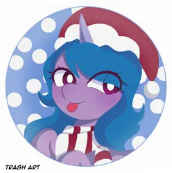 Size: 2028x2048 | Tagged: safe, artist:eltrash_art6, derpibooru import, izzy moonbow, pony, unicorn, g5, :p, blushing, christmas, clothes, cute, female, hat, holiday, horn, icon, image, izzybetes, jpeg, mare, santa hat, scarf, snow, solo, tongue out