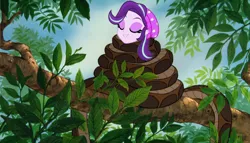 Size: 1280x734 | Tagged: safe, artist:tyriuskishayinew16, starlight glimmer, human, snake, equestria girls, coils, cute, female, glimmerbetes, grin, hat, hypnosis, hypnotized, image, jpeg, kaa, sleeping, smiling, tree, wrapped snugly, wrapped up