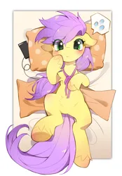 Size: 2916x4200 | Tagged: safe, artist:amo, derpibooru import, oc, oc:plum blossoms, unofficial characters only, earth pony, pony, bed, blushing, bowtie, chest fluff, commission, earbuds, emoji, female, frog (hoof), hoof on chest, image, indoors, looking at you, lying down, mare, mobile phone, neck ribbon, on back, on bed, out of frame, passepartout, phone, pillow, png, polka dots, smartphone, solo, speech bubble, text, underhoof, unshorn fetlocks, 💦