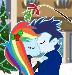 Size: 1277x1341 | Tagged: safe, artist:soarindasher10, derpibooru import, rainbow dash, soarin', human, equestria girls, g4, christmas, christmas tree, female, holiday, image, kiss on the lips, kissing, male, mistletoe, png, shipping, soarindash, straight, tree