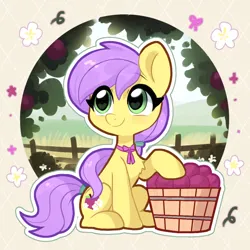 Size: 1000x1000 | Tagged: safe, artist:colorfulcolor233, derpibooru import, oc, oc:plum blossoms, unofficial characters only, earth pony, pony, basket, bowtie, earth pony oc, female, field, flower, image, jpeg, mare, outdoors, plum, purple mane, railing, simple background, sitting, solo, tail, tail wrap, tree