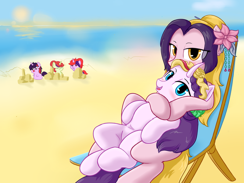 Size: 1400x1050 | Tagged: safe, artist:保镖, derpibooru import, oc, oc:meng jing, oc:meng xin, oc:meng yu, unofficial characters only, earth pony, pony, unicorn, beach, beach chair, chair, horn, hug, image, looking at you, png, sand, sun