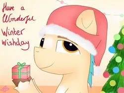 Size: 1024x768 | Tagged: safe, artist:heart k art, derpibooru import, hitch trailblazer, earth pony, pony, series:heart k art g5 advent calendar, g5, advent calendar, caption, christmas, christmas tree, hat, holiday, image, indoors, jpeg, male, merry christmas, present, santa hat, solo, stallion, text, tree