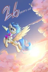 Size: 1600x2400 | Tagged: safe, artist:castle bravo, derpibooru import, oc, oc:zoran, oc:左岸, unofficial characters only, pegasus, pony, backlighting, birthday, bowtie, cloud, female, flying, image, jpeg, mare, pegasus oc, smiling, solo, spread wings, sun, sunshine, tail, teal mane, teal tail, wings, yellow coat