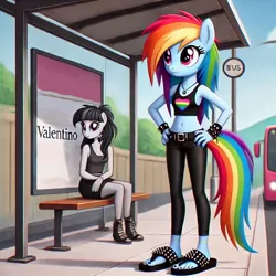 Size: 1024x1024 | Tagged: safe, ai content, derpibooru import, machine learning generated, prompter:lukington17, octavia melody, rainbow dash, anthro, plantigrade anthro, g4, anklet, belly, belly button, belt, bench, billboard, boots, bus, bus stop, clothes, derpibooru exclusive, emo, feet, hand on hip, heart, image, jewelry, jpeg, leggings, midriff, nail polish, sandals, shoes, sign, sitting, studded bracelet