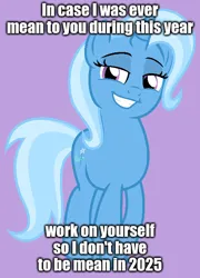 Size: 500x693 | Tagged: safe, artist:kuren247, derpibooru import, editor:modus_ponens, trixie, pony, unicorn, g4, 2025, crossed hooves, female, grin, horn, image, jpeg, lidded eyes, mare, mean, meme, narcissism, offensive, ponified meme, purple background, shit eating grin, simple background, smiling, smug, solo