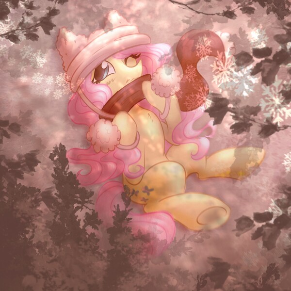 Size: 1890x1890 | Tagged: safe, artist:cupute, derpibooru import, fluttershy, pegasus, pony, g4, alternate cutie mark, beanie, blue eyes, blushing, chest fluff, clothed ponies, clothes, cold, cute, cutesy, digital art, digital painting, female, females only, fluffy, grainy, ground, hat, hidden, holiday, image, jpeg, leaves, long mane, long tail, looking at you, lying down, mare, on back, one eye closed, pink, pink mane, pink tail, pom pom, scarf, shading, shiny hooves, shiny mane, shy, shyabetes, simple background, snow, snowfall, snowflake, solo, tail, teal eyes, tree, tree branch, warm colors, yellow body