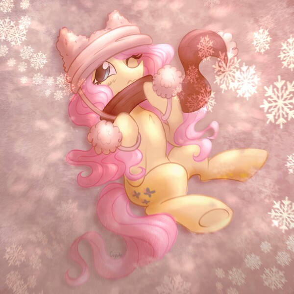 Size: 1890x1890 | Tagged: safe, artist:cupute, derpibooru import, fluttershy, pegasus, pony, g4, alternate cutie mark, beanie, blue eyes, blushing, chest fluff, clothed ponies, clothes, cold, cute, cutesy, digital art, digital painting, female, females only, fluffy, grainy, ground, hat, holiday, image, jpeg, long mane, long tail, looking at you, lying down, mare, on back, one eye closed, pink, pink mane, pink tail, pom pom, scarf, shading, shiny hooves, shiny mane, shy, shyabetes, simple background, snow, snowfall, snowflake, solo, tail, teal eyes, warm colors, yellow body