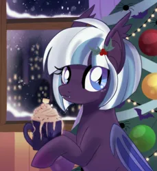 Size: 2337x2548 | Tagged: safe, artist:spookyle, derpibooru import, oc, oc:hallow haze, unofficial characters only, bat pony, bat pony oc, bat wings, christmas, christmas tree, dhampir, hearth's warming eve, holiday, image, png, snow, snowfall, solo, tree, wings, winter