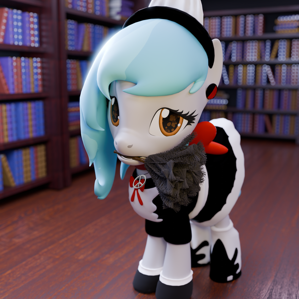 Size: 3240x3240 | Tagged: safe, artist:the luna fan, derpibooru import, oc, oc:sweet elis, unofficial characters only, 3d, blender, blender cycles, book, bookshelf, clothes, derpibooru exclusive, duster, image, looking at you, maid, peace sign, png, ribbon, sad