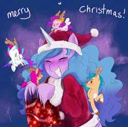 Size: 1676x1666 | Tagged: safe, artist:aztrial, derpibooru import, hitch trailblazer, izzy moonbow, pipp petals, sunny starscout, zipp storm, deer, earth pony, pegasus, pony, reindeer, unicorn, g5, caption, christmas, clothes, costume, female, hat, holiday, horn, image, jpeg, male, mane five, mare, merry christmas, reindeerified, santa costume, santa hat, shrunk, size difference, species swap, stallion, sweater, text, winter outfit