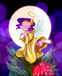 Size: 1688x2048 | Tagged: safe, artist:aztrial, derpibooru import, pipp, pipp petals, pegasus, pony, g5, abstract background, angel costume, christmas, christmas tree, cloak, clothes, female, halo, holiday, image, jpeg, mare, pipp is short, pipp is smol, solo, tree