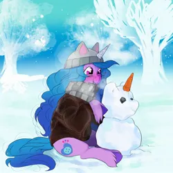 Size: 2048x2048 | Tagged: safe, artist:aztrial, derpibooru import, izzy moonbow, pony, unicorn, g5, breath, carrot, cat ears, clothes, cute, female, food, hat, horn, image, izzybetes, jpeg, mare, outdoors, scarf, smiling, snow, snowman, solo, sweater, tree, unshorn fetlocks, winter, winter outfit