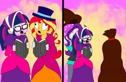 Size: 2266x1488 | Tagged: safe, artist:artsymlp12, derpibooru import, starlight glimmer, sunset shimmer, twilight sparkle, human, undead, zombie, equestria girls, g4, bagged, caroling, clothes, comic, dress, gown, image, jpeg, long dress, long skirt, skirt, victorian, victorian dress