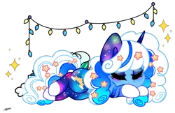 Size: 1600x1037 | Tagged: safe, artist:princessmoonsilver, derpibooru import, oc, oc:star chaser, pony, unicorn, christmas, christmas lights, female, holiday, horn, image, mare, png, simple background, sleeping, solo, transparent background