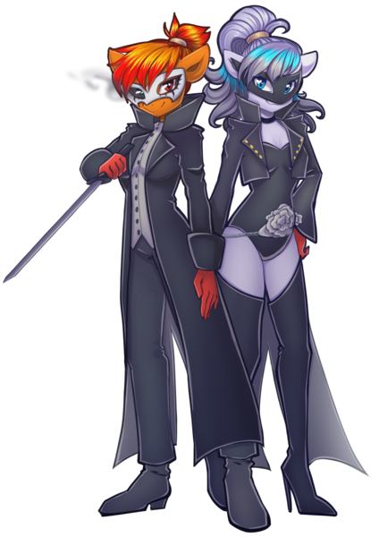 Size: 3508x4961 | Tagged: safe, artist:chaosangeldesu, derpibooru import, oc, oc:darkria, oc:flaming hoof, unofficial characters only, anthro, fox, fox pony, hybrid, pony, commission, image, persona, persona 5, png, smiling