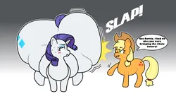 Size: 3840x2192 | Tagged: suggestive, artist:thesonofsam, derpibooru import, applejack, rarity, earth pony, pony, unicorn, g4, :c, belly, big belly, blush lines, blushing, butt, butt expansion, dialogue, duo, duo female, emanata, expansion, fat, female, frown, gradient background, grayscale background, growth, high res, horn, huge belly, huge butt, image, impossibly large butt, jiggle, large butt, mare, no pupils, obese, one eye closed, onomatopoeia, outline, png, raritubby, rearity, smiling, spanking, speech bubble, sweat, sweatdrops, weight gain, white outline