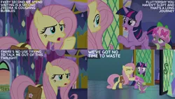 Size: 2000x1125 | Tagged: safe, derpibooru import, edit, edited screencap, editor:quoterific, screencap, fluttershy, spike, twilight sparkle, twilight sparkle (alicorn), alicorn, dragon, pegasus, pony, a health of information, g4, assertive fluttershy, bag, female, image, male, mare, my little pony, png, saddle bag, sleep mask