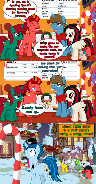 Size: 1280x2457 | Tagged: safe, artist:jasperpie, derpibooru import, oc, oc:casper cake, oc:eleboy, oc:frostbite, oc:harmony dancer, oc:jack skellington pone, oc:jasper pie, oc:melody flame, oc:midnight sonata, oc:thespio, kirin, breaking the fourth wall, candy, candy cane, comic, derby (hat), fez, food, hat, hearth's warming decorations, image, jpeg, pie's pizzeria, pie's pizzeria (ponyville), pony eleboy, ponyville, snow, tongue out, tongue stuck, tongue stuck to pole, wreath