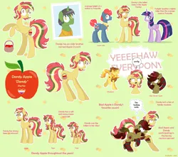 Size: 2352x2080 | Tagged: safe, artist:lullapiies, derpibooru import, apple split, braeburn, twilight sparkle, twilight sparkle (alicorn), oc, oc:apple crunch, oc:bad apple, oc:dandy apple, alicorn, earth pony, pony, unicorn, g4, apple family member, clothes, cousins, covering ears, earth pony oc, female, filly, foal, folded wings, green background, horn, image, leg warmers, lesbian pride flag, male, mare, patterned background, png, pride, pride flag, pronouns, rearing, reference sheet, seven-legged race, simple background, socks, speech bubble, stallion, striped leg warmers, striped socks, tall, teenager, thought bubble, transbian pride flag, unicorn oc, vulgar, wings