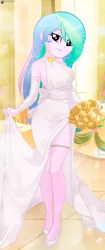 Size: 612x1459 | Tagged: safe, artist:charliexe, derpibooru import, princess celestia, human, equestria girls, g4, 2d, clothes, dress, ear piercing, earring, female, flower, gold, high heels, image, indoors, jewelry, jpeg, legs, looking at you, piercing, principal celestia, rose, shoes, smiling, smiling at you, solo, wedding dress