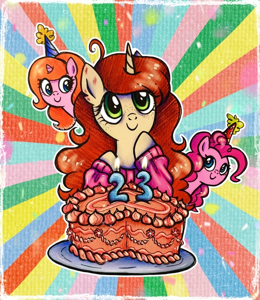 Size: 1780x2048 | Tagged: safe, artist:dariarchangel, derpibooru import, pinkie pie, oc, oc:dariarchangel, oc:dazha, earth pony, unicorn, g4, adorable face, ahoge, bags under eyes, birthday, birthday cake, blue eyes, bust, c:, cake, candle, candlelight, clothes, confetti, curly hair, curly mane, cute, cute face, cute smile, female, female oc, food, freckles, green eyes, happy, happy birthday, hat, heartwarming, hoof on chin, horn, image, jpeg, long hair, long mane, looking at someone, looking up, mare oc, ocbetes, orange hair, orange mane, pale coat, party hat, passepartout, pink coat, pink hair, pink mane, pink sweater, plate, ponified artist, ponk, ponysona, portrait, scratches, self insert, self portrait, small horn, smiling, sunburst background, sweater, torn ear, traditional art, trio, trio female, unicorn oc, weapons-grade cute