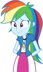 Size: 2959x5000 | Tagged: safe, artist:octosquish7260, derpibooru import, rainbow dash, human, equestria girls, g4, clothes, cutie mark, cutie mark on clothes, equestria girls specials, female, geode of super speed, grin, image, jacket, magical geodes, my little pony equestria girls: movie magic, nervous, nervous grin, png, shirt, simple background, skirt, smiling, solo, teenager, transparent background