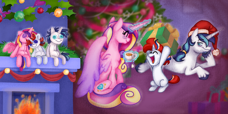 Size: 2160x1080 | Tagged: safe, artist:cloud-roots, derpibooru import, princess cadance, shining armor, oc, oc:prince scarlet heart, alicorn, pony, unicorn, g4, christmas, christmas tree, colt, cup, family, female, fireplace, foal, hat, hearth's warming, hearth's warming doll, holiday, hoof on chin, horn, image, lying down, male, mare, offspring, open mouth, open smile, parent:princess cadance, parent:shining armor, parents:shiningcadance, png, present, prone, santa hat, ship:shiningcadance, shipping, smiling, stallion, straight, teabag, teacup, tree, trio