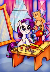 Size: 1420x2044 | Tagged: safe, derpibooru import, rarity, pony, unicorn, commission, female, filly, filly rarity, horn, image, plushie, png, sewing, sewing machine, sewing needle, teddy bear, younger