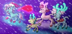 Size: 2300x1100 | Tagged: safe, artist:plumpony, derpibooru import, alice the reindeer, aurora the reindeer, bori the reindeer, minty, deer, pony, reindeer, g3, g4, christmas, clothes, costume, flying, g3 to g4, generation leap, hat, hearth's warming eve, holiday, image, night, png, santa bag, santa costume, santa hat, snow, snowfall, socks