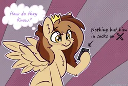 Size: 1943x1302 | Tagged: safe, artist:harmonicglow, derpibooru import, oc, oc:prince whateverer, unofficial characters only, arrow, crown, image, jewelry, male, meta, mobile phone, phone, png, regalia, spread wings, thought bubble, twitter, wings