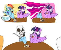 Size: 1723x1430 | Tagged: safe, artist:doodlesinky, derpibooru import, part of a set, rainbow dash, twilight sparkle, twilight sparkle (alicorn), alicorn, pegasus, g4, bone, card game, comic, dead, death, disproportionate retribution, image, magic, murder, png, skeleton, speech bubble, uno