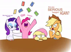 Size: 1024x742 | Tagged: safe, artist:doodlesinky, derpibooru import, part of a set, applejack, fluttershy, pinkie pie, rarity, earth pony, pegasus, pony, unicorn, g4, angry, card game, cheering, floppy ears, horn, image, jpeg, scared, speech bubble, text, uno