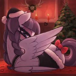 Size: 3000x3000 | Tagged: suggestive, artist:t72b, derpibooru import, inky rose, pegasus, pony, spider, g4, antlers, bedroom eyes, blushing, bow, candle, christmas, christmas tree, clothes, costume, covering face, eyeshadow, female, hat, holiday, image, looking at you, looking back, looking back at you, lying down, makeup, mare, png, raised tail, santa costume, santa hat, sexy, sexy santa costume, side, skull, solo, spider web, spread wings, tail, tail bow, tree, wings