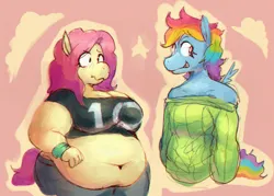 Size: 1280x914 | Tagged: suggestive, artist:punkittdev, derpibooru import, fluttershy, rainbow dash, anthro, pegasus, g4, belly, belly button, big breasts, breasts, busty fluttershy, clothes, clothes swap, fat, fattershy, image, jpeg, muffin top, small wings, smiling, spread wings, sweater, tail, tight clothing, undersized clothes, wavy mouth, wings, wristband