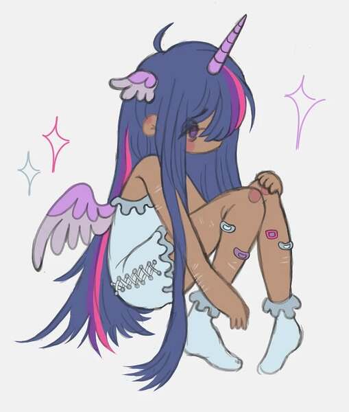 Size: 640x754 | Tagged: safe, artist:fairypills, artist:xx_pawdust_xx, artist:xxpuppycursed, derpibooru import, twilight sparkle, twilight sparkle (alicorn), alicorn, human, g4, blackwashing, blush sticker, blushing, camisole, clothes, dark skin, ear blush, eyebrows, eyebrows visible through hair, feathered ears, female, floppy ears, full body, hair over one eye, hand on knee, hand on leg, horn, horned humanization, humanized, image, jpeg, knee blush, long hair, no mouth, no nose, pigeon toed, pony ears, round ears, scar, self harm, self harm scars, shy, simple background, sitting, socks, solo, spread wings, white background, wing ears, winged humanization, wings