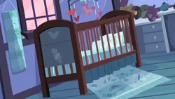 Size: 1280x720 | Tagged: safe, derpibooru import, screencap, baby cakes, g4, season 2, ball, bedside stand, crib, crib mobile, dutch angle, heart, image, indoors, missing, mobile, my little pony, no pony, pillow, pink sky, plushie, png, scenic ponyville, sugarcube corner, sugarcube corner (interior), teddy bear, toy