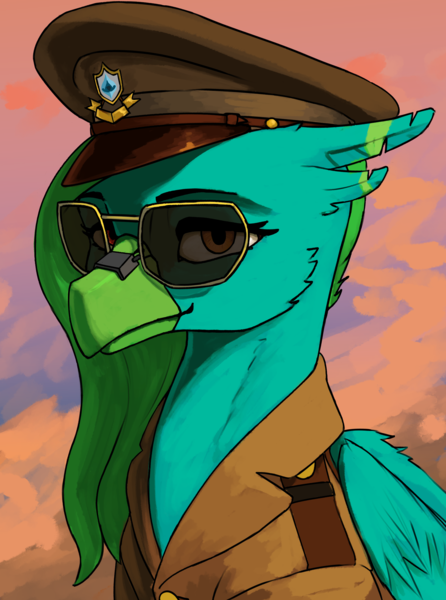 Size: 3120x4200 | Tagged: safe, artist:neither, derpibooru import, oc, oc:ocean breeze, unofficial characters only, hippogriff, equestria at war mod, beak, bust, cap, clothes, digital art, female, folded wings, general, glasses, hair, hat, high res, image, looking at you, military, military uniform, new characters for equestria at war, new characters for equestria at war mod, outdoors, png, portrait, smiling, smiling at you, solo, uniform, wings